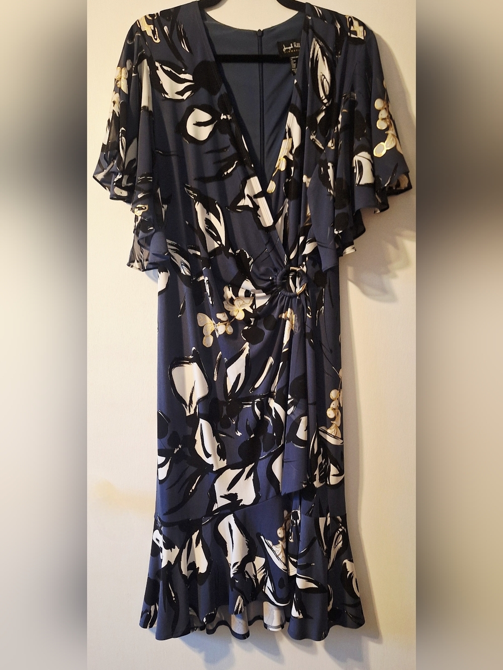 Joseph Ribkoff Blue and White Floral Wrap Midi Dress With Gold Accents